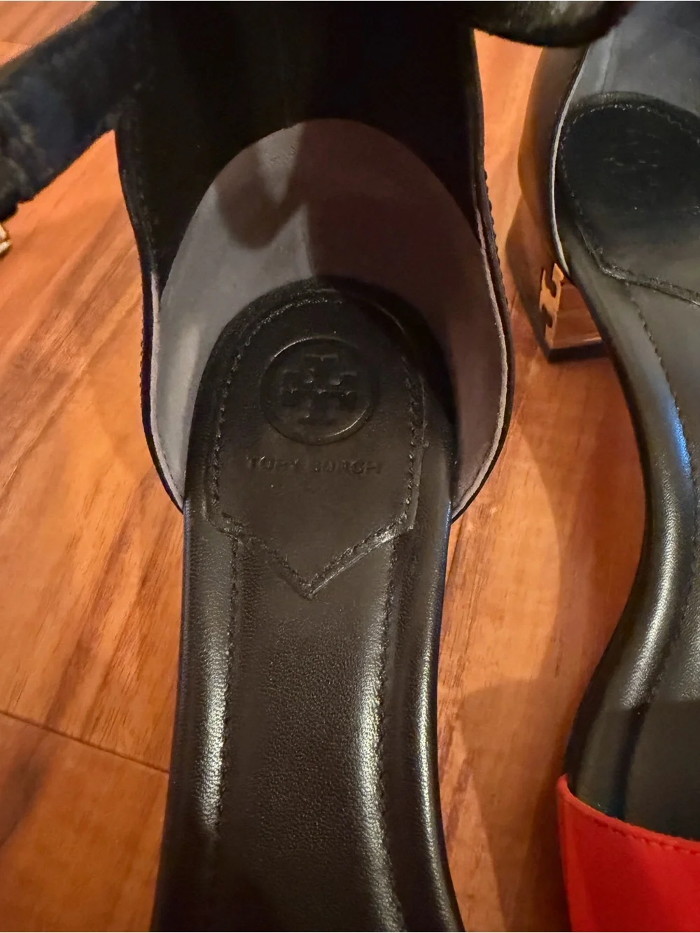 Tory Burch Black & Red Ankle-Strap Block Heel Sandals
